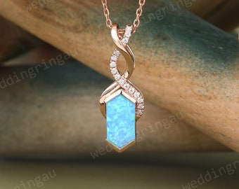 Blue Opal Pendant Necklace for Women Rose gold Bridal wedding Knot pendant Moissanite Necklace anniversary pendant Personalized Gift