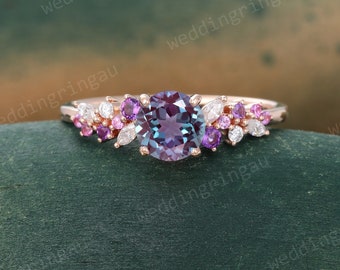 Cluster Alexandrite Engagement Ring Unique Rose Gold Ring Amethyst Pink Sapphire Ring Marquise Cut Diamond Bridal Anniversary Ring
