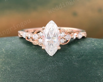 Marquise Moissanite Engagement Ring Rose Gold Leaf Diamond Ring Nature Inspired Ring Unique Promise Ring for Her 1ct Moissanite Ring