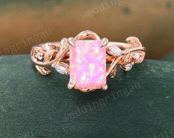 Pink Opal engagement ring Unique Rose gold Emerald cut Opal ring Moissanite ring Diamond Branch Twig ring Nature inspired ring Promise ring