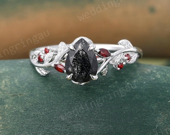 Pear Black rutilated quartz ring Unique White gold engagement ring Marquise cut Garnet Branch Leaf ring Nature inspired ring Promise ring