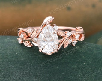 Pear shaped Moissanite engagement ring unique rose gold engagement ring Leaf branch ring Diamond ring Nature inspired ring Promise ring gift