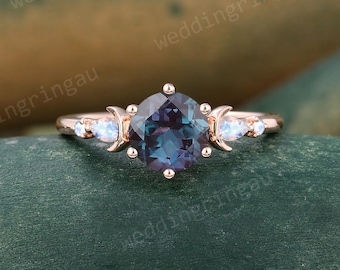Round Cut Alexandrite Engagement Ring Vintage Rose Gold Pear Cut Moonstone Moon Wedding Ring Bridal Promise Anniversary Ring for Women