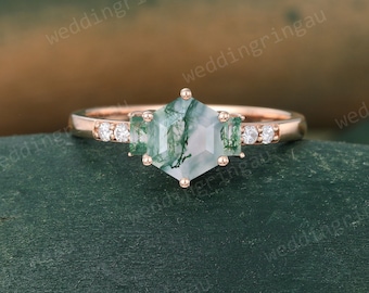 Hexagon Cut Moss Agate Engagement Ring Unique Rose Gold Baguette Green Agate Ring Round Moissanite Wedding Ring Art Deco Promise Ring