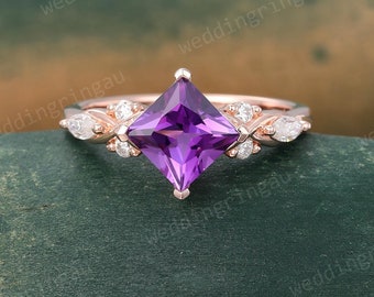 Princess cut Amethyst engagement ring Vintage Rose gold engagement ring marquise cut Moissanite ring Twist Bridal ring Promise ring gift
