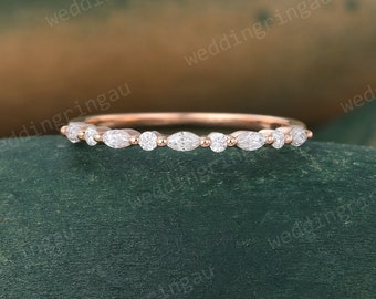 Marquise cut Moissanite wedding band Dainty rose gold Round cut ring half eternity art deco stacking matching band promise Anniversary ring