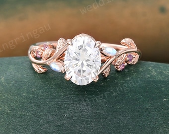 Oval cut Moissanite engagement ring Unique Rose gold Leaf engagement ring Marquise cut Moonstone Amethyst ring Art deco Promise ring gift