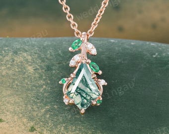 Nature Inspired Kite Cut Moss Agate Necklace Vintage Unique Rose Gold Leaf Pendant Women Emerald Personalized Pendant Gift for Her