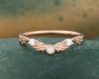 Round Cut Diamond Wedding Band Nature Inspired Rose Gold Moissanite Wedding Band Milgrain Curved Vintage Leaf Moissanite Stacking Ring