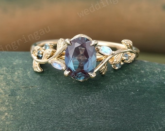 Oval cut Alexandrite ring Unique 14k Yellow gold Leaf engagement ring Marquise cut Moonstone ring Blue topaz ring Nature inspired Twig ring