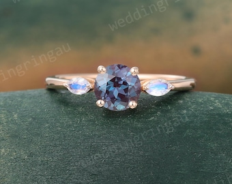 Round Alexandrite Engagement Ring Dainty Rose Gold Three Stone Ring Marquise Cut Moonstone Ring June Birthstone Ring Bridal Promise Ring