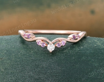 Pink Sapphire Curved Wedding band Unique Rose gold Amethyst Wedding band Round cut Moissanite ring Matching Stacking band promise ring