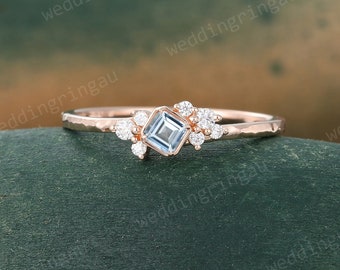 Dainty Aquamarine Ring Unique Rose gold Engagement Ring Moissanite Cluster Ring Hammered Gold Ring Women Art Deco Bridal Promise Ring