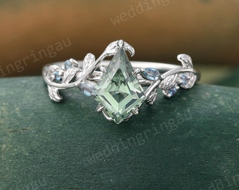 Kite cut Green sapphire ring Unique White gold engagement ring Marquise alexandrite ring Nature inspired ring Twig Leaf ring Promise ring