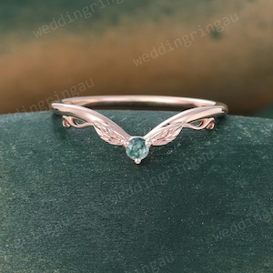 Natural Moss agate wedding band Vintage Leaf Rose gold curved wedding ring Art deco Stacking Matching ring Bridal Promise Anniversary ring