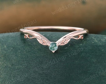 Natural Moss agate wedding band Vintage Leaf Rose gold curved wedding ring Art deco Stacking Matching ring Bridal Promise Anniversary ring