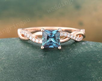 Princess Cut Alexandrite Ring Unique Rose Gold Engagement Ring Art Deco Infinity Twist Natural Diamond Promise Anniversary for Women