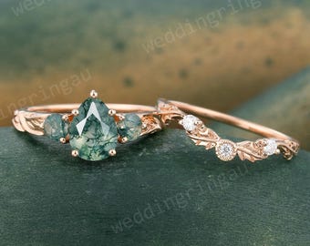 Pear Shaped Moss Agate Engagement Ring Set Rose Gold Round Diamond Ring Unique Leaf Three Stone Wedding Ring Women Promise Ring Set