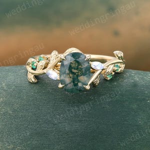 Oval Moosachat Verlobungsring Gelbgold Zweig Blattring Marquise Mondstein Smaragd Ring Natur inspiriert Hochzeit Einzigartiger Versprechensring