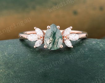 Petite Pear Moss Agate Ring Unique Rose Gold Engagement Ring Marquise Cut Diamond Cluster Wedding Promise Ring Nature Inspired Ring