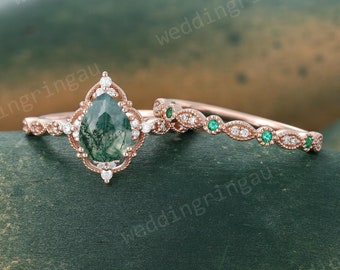 Pear shaped Moss agate engagement ring set Vintage Rose gold Moissanite Bridal set Half eternity Emerald wedding band Art deco Promise ring