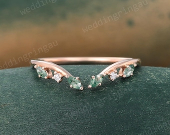 Marquise cut Moss agate Wedding Band Unique Rose gold Moissanite Curved Wedding Band Vintage Art deco Bridal Open Stacking ring Promise ring