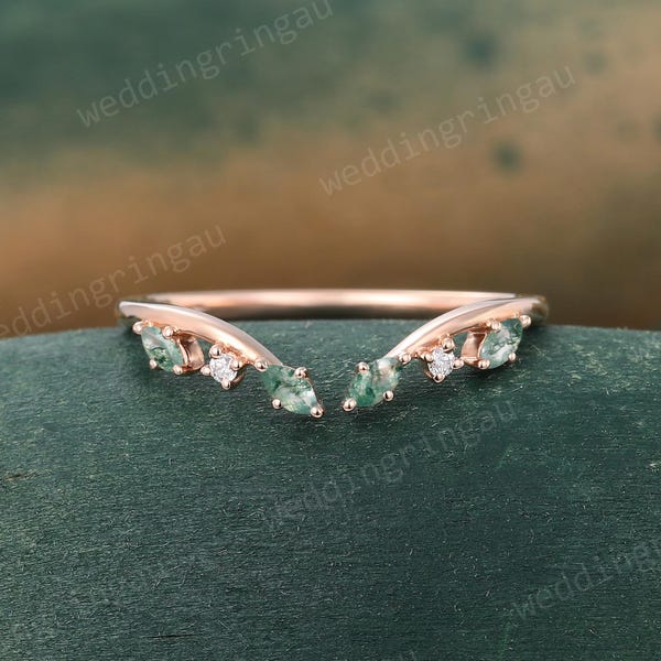 Marquise cut Moosachat Hochzeit Band Einzigartige Rosegold Moissanite Geschwungener Ehering Vintage Art Deco Brautschmuck Versprechen Ring