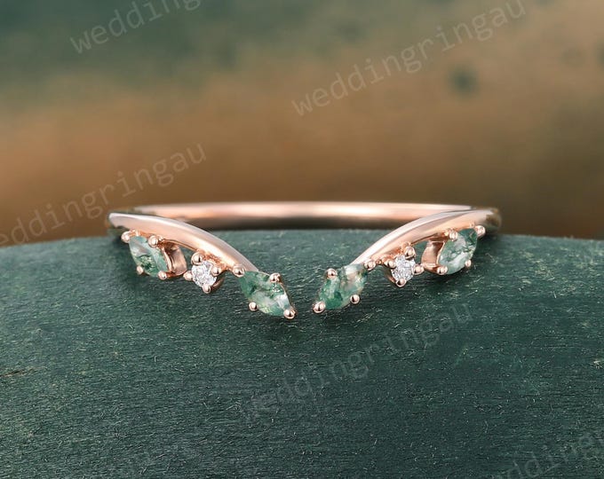 Featured listing image: Marquise cut Moss agate Wedding Band Unique Rose gold Moissanite Curved Wedding Band Vintage Art deco Bridal Open Stacking ring Promise ring