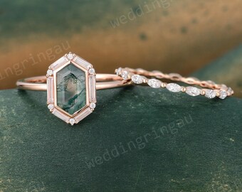 Hexagon cut Moss agate engagement ring set Rose gold moissanite ring marquise cut Moissanite full eternity wedding ring set promise gift