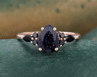 Pear Shaped Blue Sandstone Engagement Ring Rose Gold Round Black Onyx Ring Unique Art Deco Wedding Promise Bridal Anniversary Ring