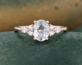 Unique Oval Cut White Sapphire Engagement Ring Rose Gold Marquise Diamond Delicate Wedding Cluster Bridal Promise Anniversary Ring for Women
