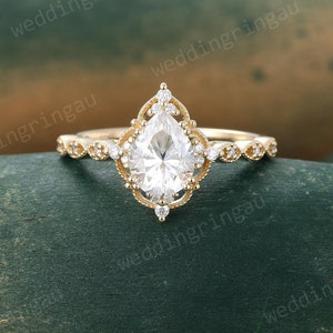 Pear shaped Moissanite engagement ring Unique Yellow gold ring Halo Diamond ring Milgrain ring Vintage Bridal promise anniversary ring