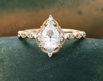 Pear shaped Moissanite engagement ring Unique Yellow gold ring Halo Diamond ring Milgrain ring Vintage Bridal promise anniversary ring