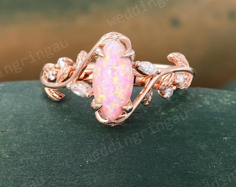 Marquise cut Pink Opal ring Unique Rose gold Opal engagement ring Moissanite ring Diamond Branch Twig ring Nature inspired ring Promise ring