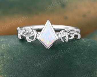 Kite shaped White opal engagement ring Vintage Solitaire White gold ring Moon ring Leaf Branch ring Nature inspired ring Bezel ring Promise