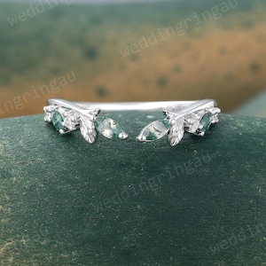Marquise cut Moss agate Wedding Band Unique White gold Moissanite Curved Wedding Band Leaf Art deco Bridal Open Stacking ring Promise ring