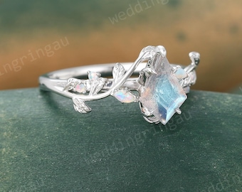 Kite Labradorite Ring Unique White Gold Twig Leaf Engagement Ring Marquise Natural Opal Bridal Ring Nature Inspired Ring Anniversary Gifts