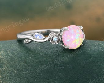 Flower Leaf Pink Opal Ring Unique White Gold Opal Engagement Ring Round Moonstone Art Deco Wedding Bridal Ring Nature Inspired Promise Ring