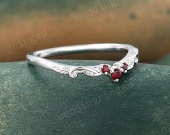Garnet Curved wedding band Unique Leaf White gold red garnet wedding band Filigree ring Stackable ring Promise Custom ring Gift for women