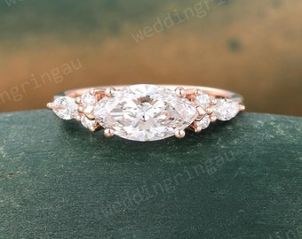 Marquise Lab grown diamond engagement ring Unique solid rose gold diamond ring East to West ring lab diamond ring Promise ring for women