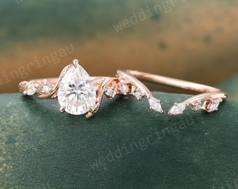 Pear Moissanite Engagement Ring Set Unique Rose Gold Diamond Bridal Ring Set Leaf Nature Inspired Wedding Ring Open Diamond Promise Ring