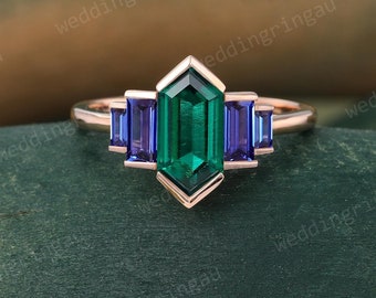 Hexagon cut Emerald engagement ring Unique Rose gold ring Baguette cut blue sapphire ring Vintage bezel ring Bridal wedding anniversary ring