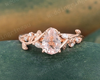 Pear Shaped Orange Pink Morganite Engagement Ring Dainty Rose Gold Marquise Cut Leaf Twig Moissanite Wedding Ring Promise Anniversary Ring