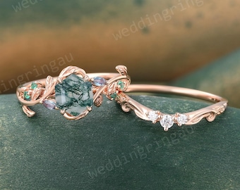 Vintage Hexagon Cut Moss Agate Engagement Ring Set Rose Gold Leaf Moissanite Marquise Alexandrite Wedding Ring Set Promise Ring Gift