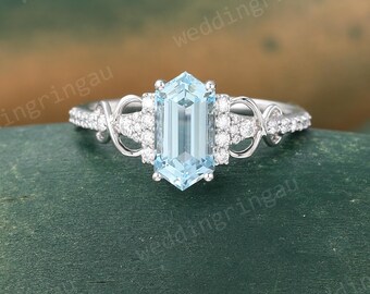 Hexagon cut Aquamarine ring Unique White gold engagement ring Moissanite ring Diamond Pave wedding ring Women Twisted Bridal Promise ring
