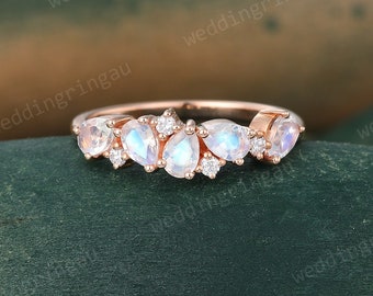 Pear Moonstone Wedding Band Unique Rose Gold Moissanite Cluster Wedding Ring Art Deco Stacking Matching Band Promise Ring Gift