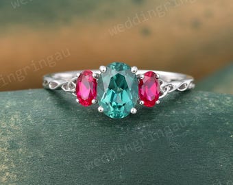 Vintage Oval Green Sapphire Ring Unique White Gold Engagement Ring Three Stone Ruby Ring Art Deco Celtic Knot Wedding Bridal Promise Ring