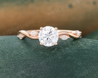 Round Moissanite Engagement Ring Vintage Rose Gold Ring Marquise Cut Diamond Ring Art Deco Wave Design Wedding Ring Promise Ring