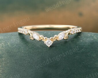 Moissanite Curved Wedding Band Diamond Nature Inspired Stacking Ring Yellow Gold Leaf Branch Ring Matching Band for Engagement Ring