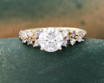 Round Moissanite engagement ring Vintage Unique Yellow gold ring Cluster Tanzanite Aquamarine ring Bridal Moissanite ring Promise ring